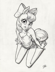 Size: 612x792 | Tagged: safe, artist:bhawk, apple bloom, anthro, earth pony, unguligrade anthro, bow, clothes, female, kneeling, looking at you, monochrome, shorts, simple background, solo, white background