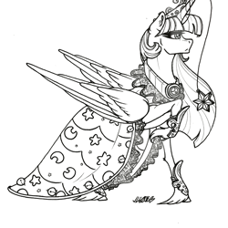 Size: 1280x1280 | Tagged: safe, artist:nightmare-moons-throneroom, twilight sparkle, twilight sparkle (alicorn), alicorn, pony, armor, big crown thingy, black and white, clothes, ear piercing, earring, element of magic, female, grayscale, horn jewelry, jewelry, lineart, mare, monochrome, necklace, older, piercing, raised hoof, regalia, robe, simple background, solo, unshorn fetlocks, white background