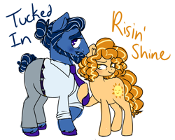 Size: 2500x2000 | Tagged: source needed, safe, artist:fannytastical, oc, oc only, oc:risin' shine, oc:tucked in, earth pony, pony, blushing, clothes, female, male, mare, necktie, pants, raised hoof, shirt, simple background, stallion, tie pull, white background