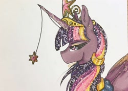 Size: 1280x904 | Tagged: safe, artist:nightmare-moons-throneroom, twilight sparkle, twilight sparkle (alicorn), alicorn, pony, big crown thingy, constellation, element of magic, ethereal mane, female, hair tie, horn jewelry, jewelry, mare, older, rainbow power, regalia, simple background, solo, starry mane, ultimate twilight, white background