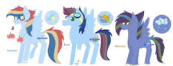 Size: 1024x392 | Tagged: safe, artist:justcallmescaizor, oc, oc only, oc:blizzard dash, oc:rainboom dash, oc:sonic dash, pegasus, pony, bandage, female, glasses, goggles, jewelry, male, mare, necklace, offspring, parent:rainbow dash, parent:soarin', parents:soarindash, simple background, stallion, white background