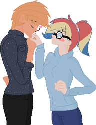 Size: 242x314 | Tagged: safe, artist:justcallmescaizor, oc, oc only, oc:applewood jr., oc:rainboom dash, human, base used, blushing, female, freckles, glasses, hand kiss, heart, height difference, humanized, humanized oc, male, oc x oc, offspring, offspring shipping, parent:big macintosh, parent:fluttershy, parent:rainbow dash, parent:soarin', parents:fluttermac, parents:soarindash, shipping, simple background, straight, white background