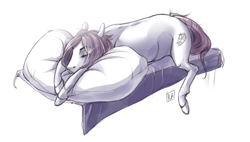 Size: 540x307 | Tagged: safe, artist:ask-ravenclaw, oc, oc only, earth pony, pony, bed, cutie mark, floppy ears, pillow, simple background, sleeping, solo, white background