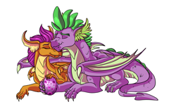 Size: 2754x1710 | Tagged: dead source, safe, artist:marbola, smolder, spike, dragon, molt down, dragon egg, dragoness, egg, eyes closed, female, high res, male, nuzzles, nuzzling, older, older smolder, older spike, parent:smolder, parent:spike, parents:spolder, shipping, simple background, spolder, straight, white background, winged spike