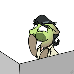 Size: 1200x1200 | Tagged: safe, artist:binkyt11, derpibooru exclusive, doctor caballeron, pony, eyebrows, green face, imminent vomiting, looking down, male, nauseous, neckerchief, puffy cheeks, sick, simple background, solo, stallion, stubble, white background