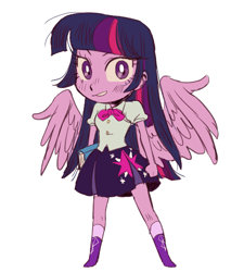 Size: 1423x1670 | Tagged: safe, artist:nounoo, twilight sparkle, twilight sparkle (alicorn), alicorn, equestria girls, adorkable, boots, bowtie, clothes, cute, dork, female, fist, grin, looking at you, moe, pleated skirt, shoes, simple background, skirt, smiling, socks, solo, white background