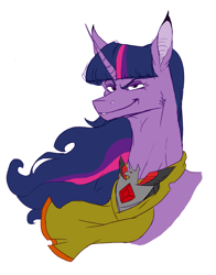 Size: 1931x2463 | Tagged: safe, artist:valo-son, twilight sparkle, pony, alicorn amulet, bust, cape, clothes, corrupted twilight sparkle, dark twilight, dark twilight sparkle, evil twilight, female, mare, raised eyebrow, simple background, smiling, smirk, solo, tyrant sparkle, white background, windswept mane