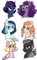 Size: 1483x2373 | Tagged: safe, artist:momonokee, oc, oc only, oc:clementine, oc:gale winds, oc:nameoprock, oc:nightshade, oc:peach cobbler, oc:stellar nebula, bat pony, earth pony, pegasus, pony, unicorn, adopted offspring, bat pony oc, bucktooth, bust, female, interspecies offspring, male, mare, next generation, offspring, parent:applejack, parent:big macintosh, parent:dumbbell, parent:flim, parent:fluttershy, parent:pinkie pie, parent:rainbow dash, parent:rarity, parent:spike, parent:tempest shadow, parent:trouble shoes, parent:twilight sparkle, parents:dumbdash, parents:flimjack, parents:fluttermac, parents:sparity, parents:tempestlight, parents:trouble pie, simple background, stallion, white background