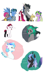 Size: 1500x2508 | Tagged: safe, artist:pikokko, oc, oc only, oc:chitin/morgenstern, oc:jade, oc:l'amour, oc:princess nebula, oc:riddle, changepony, draconequus, dracony, hybrid, pegasus, pony, armor, baby, bust, disguise, disguised changeling, draconequus oc, female, glasses, horns, interspecies offspring, magical lesbian spawn, male, mare, offspring, parent:discord, parent:king sombra, parent:lord tirek, parent:princess cadance, parent:princess celestia, parent:princess luna, parent:queen chrysalis, parent:shining armor, parent:spike, parent:twilight sparkle, parents:celestibra, parents:celestirek, parents:chryslestia, parents:dislestia, parents:lunacord, parents:shining chrysalis, parents:somdance, parents:twispike, simple background, stallion, white background