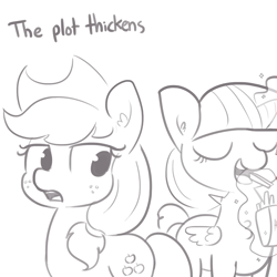 Size: 1650x1650 | Tagged: safe, artist:tjpones, applejack, twilight sparkle, twilight sparkle (alicorn), alicorn, earth pony, pony, cowboy hat, deadpan snarker, duo, duo female, eating, female, food, french fries, grayscale, hat, hay fries, mare, monochrome, overeating, simple background, sketch, stetson, the plot thickens, this will end in weight gain, white background