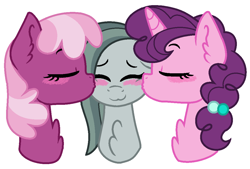Size: 1068x724 | Tagged: safe, artist:geekcoffee, cheerilee, marble pie, sugar belle, earth pony, pony, unicorn, blushing, cheeribetes, chest fluff, cute, eyes closed, female, kiss on the cheek, kiss sandwich, kissing, lesbian, marbelle, marbilee, marblebetes, mare, polyamory, polygamy, shipping, simple background, sugarbetes, sugarlee, sugarmarilee, trio, white background