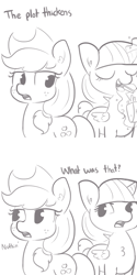 Size: 1650x3300 | Tagged: safe, artist:tjpones, applejack, twilight sparkle, twilight sparkle (alicorn), alicorn, earth pony, pony, applejack's hat, chest fluff, cowboy hat, deadpan snarker, duo, duo female, eating, female, food, french fries, grayscale, hat, hay fries, mare, monochrome, simple background, sketch, stetson, the plot thickens, this will end in weight gain, white background
