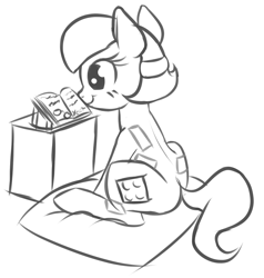 Size: 1462x1536 | Tagged: safe, artist:wenni, oc, oc only, oc:blocky bits, earth pony, pony, black and white, book, female, grayscale, lego, mare, monochrome, pillow, reading, simple background, sitting, sketch, solo, white background