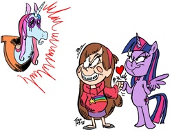 Size: 1280x983 | Tagged: safe, artist:grotezco, twilight sparkle, twilight sparkle (alicorn), alicorn, anthro, unguligrade anthro, unicorn, celestabellebethabelle, crossover, dead, decapitated, evil grin, fist bump, gravity falls, grin, hunting trophy, mabel pines, mounted head, pictogram, severed head, simple background, smiling, trophy, white background