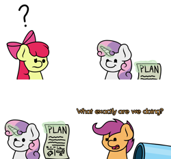 Size: 1500x1400 | Tagged: safe, artist:ljdamz1119, apple bloom, scootaloo, sweetie belle, comic, cutie mark crusaders, loss (meme), magic, party cannon, simple background, this will end in tears and/or death and/or covered in tree sap, white background