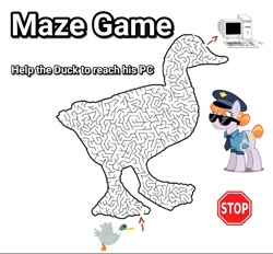 Size: 1336x1242 | Tagged: safe, edit, copper top, duck, arrow, computer, game, maze, maze game, meme, op is a duck (reaction image), police, police officer, police uniform, simple background, stop sign, text, white background