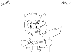 Size: 3515x2496 | Tagged: safe, artist:exxie, oc, oc only, earth pony, pony, arrow, black and white, grayscale, happy, monochrome, request, sign, simple background, sketch, suggestion, white background