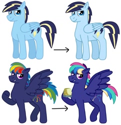 Size: 1440x1490 | Tagged: safe, artist:kindheart525, oc, oc only, oc:firework, oc:lightning bolt, pegasus, pony, hoof hold, kindverse, offspring, parent:rainbow dash, parent:soarin', parents:soarindash, rainbow hair, simple background, then and now, white background