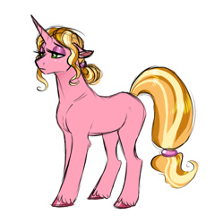 Size: 1198x1201 | Tagged: safe, artist:vindhov, oc, oc only, pony, unicorn, adoptable, digital art, eyeliner, eyeshadow, female, freckles, hair tie, makeup, mare, mascara, next generation, offspring, parent:big macintosh, parent:princess cadance, parents:cadmac, simple background, solo, white background