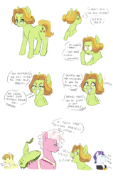 Size: 2000x3135 | Tagged: safe, artist:pikokko, oc, oc only, oc:floret, oc:marshall (marshmallow), oc:seed seeker (syd), oc:sound wave, earth pony, pegasus, pony, unicorn, apron, bust, clothes, comic, female, glasses, grin, hair bun, laughing, male, mare, next generation, offspring, parent:applejack, parent:bulk biceps, parent:caramel, parent:fluttershy, parent:pinkie pie, parent:pokey pierce, parent:prince blueblood, parent:rarity, parents:carajack, parents:flutterbulk, parents:pokeypie, parents:rariblood, simple background, smiling, stallion, white background