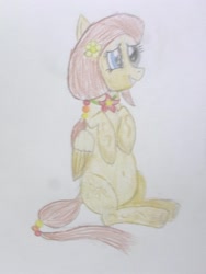 Size: 1024x1365 | Tagged: safe, artist:mildgyth, oc, oc only, oc:florist, pegasus, pony, belly button, female, flower, flower in hair, heterochromia, mare, simple background, sitting, solo, traditional art, white background