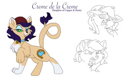 Size: 800x500 | Tagged: safe, artist:zee-stitch, oc, oc only, oc:crème de la crème, hybrid, chest fluff, collar, colored sclera, female, interspecies offspring, offspring, parent:capper dapperpaws, parent:rarity, parents:capperity, simple background, socks (coat marking), solo, white background