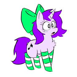 Size: 538x538 | Tagged: safe, artist:doodlegamertj, oc, oc only, oc:mable syrup, unicorn, blind, bow, chest fluff, clothes, simple background, socks, solo, striped socks, white background