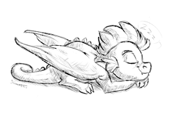 Size: 600x400 | Tagged: safe, artist:shimazun, spike, dragon, eyes closed, grayscale, male, monochrome, prone, simple background, sleeping, solo, white background, winged spike, wings, zzz