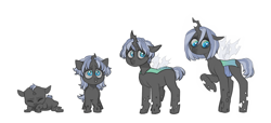 Size: 2733x1245 | Tagged: safe, artist:kapusha-blr, oc, oc only, oc:larva, changeling, hybrid, blue changeling, changeling oc, interspecies offspring, offspring, parent:queen chrysalis, parent:shining armor, parents:shining chrysalis, quadrupedal, sad, simple background, solo, white background