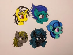 Size: 849x637 | Tagged: safe, artist:metalamethyst, oc, oc:azure strike, oc:blueberry rush, pony, unicorn, blue eyes, bust, golden eyes, orange eyes, purple eyes, simple background, traditional art, white background