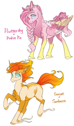 Size: 1000x1700 | Tagged: safe, artist:rossignolet, oc, oc only, classical unicorn, pegasus, pony, unicorn, chest fluff, cloven hooves, duo, female, flower, flower in hair, leonine tail, magical lesbian spawn, mare, next generation, offspring, parent:fluttershy, parent:pinkie pie, parent:sunburst, parent:sunset shimmer, parents:flutterpie, parents:shimmerburst, rose, simple background, unshorn fetlocks, white background