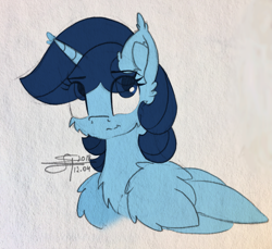 Size: 2107x1928 | Tagged: safe, artist:airfly-pony, oc, oc:airflight, alicorn, alicorn oc, blue eyes, bust, cheek fluff, chest fluff, ear fluff, eye clipping through hair, fluffy, horn, large wings, long horn, looking up, portrait, rcf community, simple background, smiling, solo, this character is not canon related, white background, wings