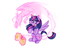 Size: 4500x3000 | Tagged: safe, artist:saralien, twilight sparkle, twilight sparkle (alicorn), alicorn, dragon, glowing horn, magic, scroll, simple background, telekinesis, white background