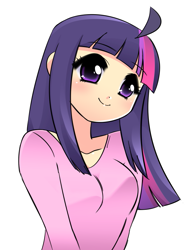 Size: 677x901 | Tagged: safe, artist:framboosi, twilight sparkle, human, anime, cute, female, humanized, simple background, smiling, solo, twiabetes, white background