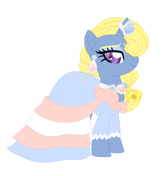 Size: 544x574 | Tagged: safe, artist:lavender-doodles, oc, oc only, oc:azure/sapphire, simple ways, clothes, crossdressing, dress, ear piercing, earring, frills, gem, gown, heart eyes, horn ring, jewelry, looking at you, makeup, piercing, simple background, solo, white background, wingding eyes