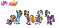 Size: 6400x3072 | Tagged: safe, artist:omegaridersangou, maud pie, patch (g1), ribbon (g1), shady, sundance, g1, my little pony tales, clothes, cosplay, costume, crossover, cure amour, cure ange, cure etoile, cure ma chérie, cure yell, g1 to g4, generation leap, hugtto precure, my little pony logo, precure, pretty cure, simple background, white background