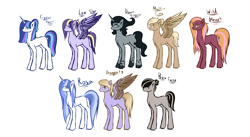 Size: 7585x4153 | Tagged: safe, artist:crystalmoon101, oc, oc only, oc:bow tune, oc:crystal heart, oc:dawn cyrstal, oc:dragonfly, oc:leo star, oc:muffin time, oc:rosa, oc:wild heart, earth pony, pegasus, pony, unicorn, absurd resolution, adoptable, blank flank, dappled, female, male, mare, offspring, parent:braeburn, parent:cheerilee, parent:derpy hooves, parent:doctor whooves, parent:dumbbell, parent:fancypants, parent:fleur-de-lis, parent:flitter, parent:frederic horseshoepin, parent:king sombra, parent:octavia melody, parent:princess cadance, parent:sapphire joy, parent:shining armor, parents:cheerburn, parents:doctorderpy, parents:fancyfleur, parents:flitbell, parents:fredtavia, parents:shiningcadance, parents:sombrajoy, simple background, stallion, white background