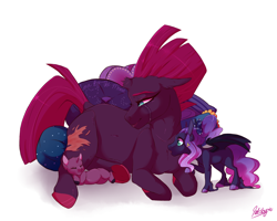 Size: 1280x1024 | Tagged: safe, artist:qatsby, fizzlepop berrytwist, tempest shadow, oc, oc:azure shadow, oc:winter borealis, pegasus, pony, unicorn, baby, baby pony, bat wings, crying, eye scar, female, filly, magical lesbian spawn, mare, mother, offspring, parent:princess luna, parent:tempest shadow, parents:tempestluna, scar, simple background, size difference, white background