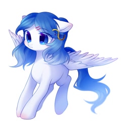 Size: 2000x2000 | Tagged: safe, artist:leafywind, oc, oc only, pegasus, pony, colored pupils, ear fluff, female, floppy ears, flying, hair accessory, hairpin, mare, simple background, solo, spread wings, white background, wings