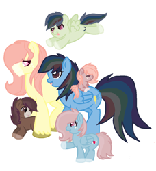 Size: 1112x1220 | Tagged: safe, artist:vitotie, oc, oc only, oc:chell, oc:heart steals, oc:ki, oc:lightning, oc:rose, oc:woody shy, earth pony, pegasus, pony, baby, baby pony, base used, family, female, flying, freckles, male, mare, oc x oc, offspring, offspring shipping, offspring's offspring, parent:big macintosh, parent:fluttershy, parent:oc:chell, parent:oc:woody shy, parent:rainbow dash, parent:soarin', parents:fluttermac, parents:soarindash, ponies riding ponies, shipping, simple background, stallion, straight, unshorn fetlocks, white background