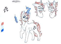 Size: 600x440 | Tagged: safe, artist:tillie-tmb, oc, oc:cal inkhorn, pony, unicorn, beard, facial hair, magic, male, reference sheet, simple background, solo, stallion, traditional art, white background