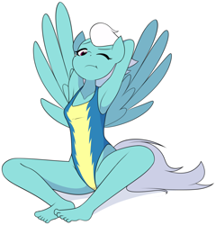 Size: 2510x2611 | Tagged: safe, artist:furrgroup, fleetfoot, anthro, pegasus, plantigrade anthro, :t, arm behind head, armpits, barefoot, clothes, cute, diafleetes, feet, female, mare, one eye closed, one-piece swimsuit, simple background, sitting, solo, stretching, swimsuit, uniform, white background, wonderbolts swimsuit, wonderbolts uniform