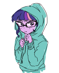 Size: 2283x2857 | Tagged: safe, artist:sajuaira, sci-twi, twilight sparkle, equestria girls, friendship games, clothes, cute, female, glasses, hoodie, pixiv, simple background, solo, twiabetes, white background