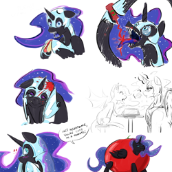 Size: 2000x2000 | Tagged: safe, artist:testostepone, nightmare moon, oc, oc:speck, bat pony, pony, clothes, colored, colored sketch, costume, dialogue, food, hot dog, ketchup, meat, messy eating, sauce, sausage, simple background, sketch, sketch dump, tomato, white background