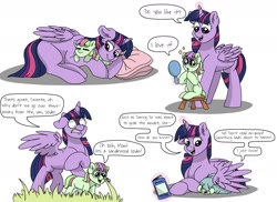 Size: 1971x1432 | Tagged: safe, artist:pastel-charms, twilight sparkle, twilight sparkle (alicorn), oc, oc:pansy everfree, alicorn, earth pony, pony, adopted offspring, blanket, book, cuddling, female, filly, glasses, magic, mother and child, mother and daughter, parent and child, parent:twilight sparkle, simple background, white background