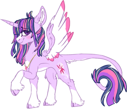 Size: 975x838 | Tagged: safe, artist:dashkatortik12222222, twilight sparkle, twilight sparkle (alicorn), alicorn, pony, cloven hooves, colored wings, female, jewelry, leonine tail, looking at you, mare, necklace, pale belly, redesign, simple background, socks (coat marking), solo, unshorn fetlocks, white background, wings