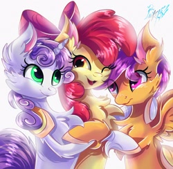 Size: 2930x2861 | Tagged: safe, artist:alexbluebird, apple bloom, scootaloo, sweetie belle, earth pony, pegasus, pony, unicorn, best friends, bow, chest fluff, colored hooves, cute, cutie mark crusaders, cutie mark cuties, ear fluff, eye clipping through hair, fluffy, hair bow, high res, hug, looking at each other, open mouth, signature, simple background, smiling, trio, white background