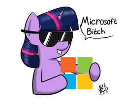 Size: 700x600 | Tagged: safe, artist:nesdoesart, twilight sparkle, pony, female, mare, microsoft, signature, simple background, solo, speech bubble, sunglasses, swearing, vulgar, white background