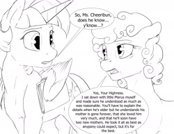 Size: 1980x1530 | Tagged: safe, artist:silfoe, twilight sparkle, twilight sparkle (alicorn), oc, oc:cheeribun, alicorn, earth pony, pony, black and white, description is relevant, dialogue, duo, female, grayscale, mare, monochrome, royal sketchbook, simple background, speech bubble, white background, wing hold