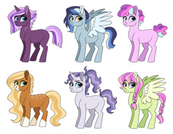 Size: 1280x991 | Tagged: safe, artist:cascayd, oc, oc only, oc:amethyst gleam, oc:chamomile petal, oc:dawnstar, oc:fawn, oc:rainy skies, oc:sugar rush, earth pony, pegasus, pony, unicorn, female, magical lesbian spawn, mare, next generation, offspring, parent:applejack, parent:fluttershy, parent:maud pie, parent:party favor, parent:pinkie pie, parent:rainbow dash, parent:rarity, parent:tempest shadow, parent:thunderlane, parent:tree hugger, parent:trouble shoes, parent:twilight sparkle, parents:flutterhugger, parents:partypie, parents:rarimaud, parents:tempestlight, parents:thunderdash, parents:troublejack, scar, simple background, socks (coat marking), white background